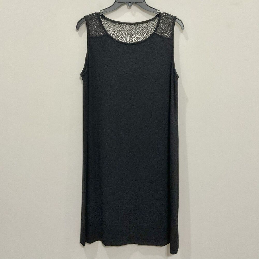 Eileen Fisher Jersey Knit Dress Black Mesh Top Sleeveless Sz M Minimalist